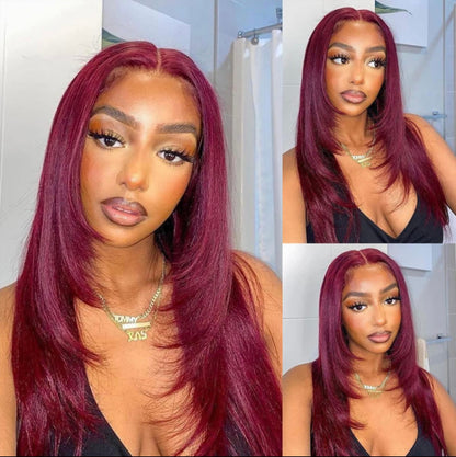 Glory  99J Burgundy Straight Layer Glueless 13x6 Lace frontal Wig 100% Human Hair