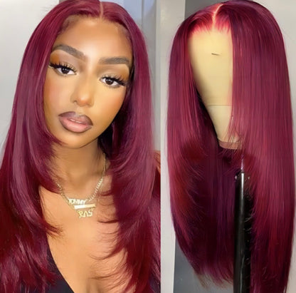 Glory  99J Burgundy Straight Layer Glueless 13x6 Lace frontal Wig 100% Human Hair