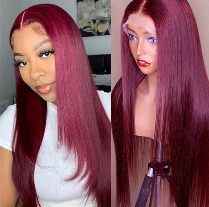 Glory  99J Burgundy Straight Layer Glueless 13x6 Lace frontal Wig 100% Human Hair