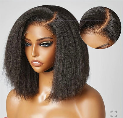 4C Edges Natural Black 12” Kinky Edges Kinky Straight 13x6 frontal Bob Wig 100% Human Hair