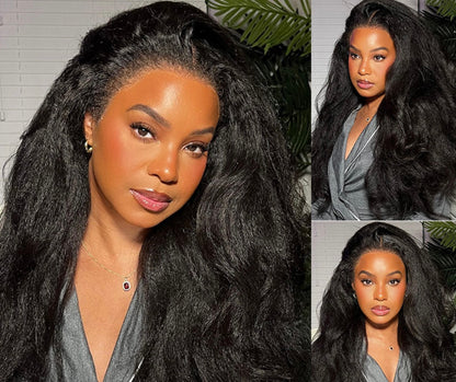 4C Edges | 26” Natural Black / Ombre Brown Kinky Edges Kinky Straight lace frontale Glueless Long Wig 100% Human Hair