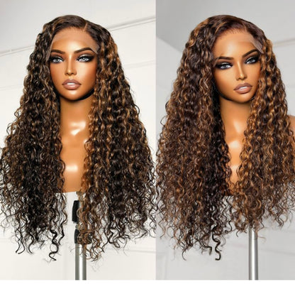 Brown/Black Highlights 24”gloglo  Curly Gluless 13x6 Lace Long Curly Wig Beginner Friendly |