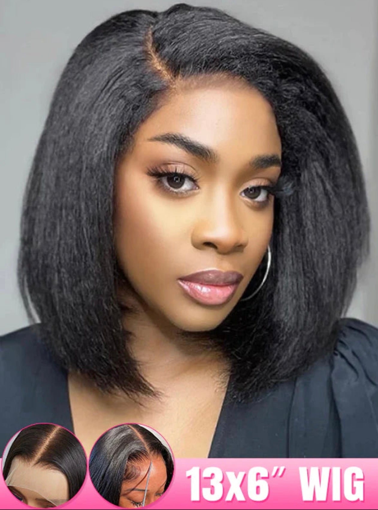 4C Edges Natural Black 12” Kinky Edges Kinky Straight 13x6 frontal Bob Wig 100% Human Hair